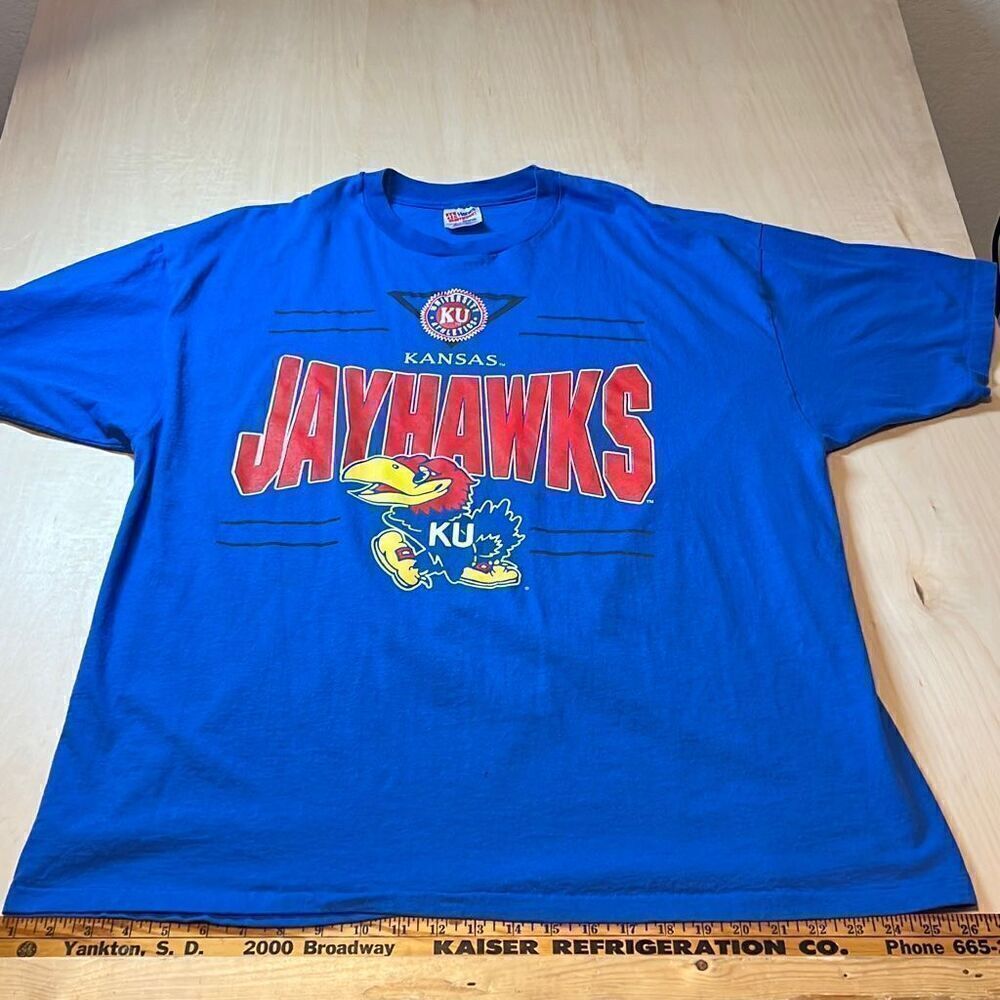 Vintage Kansas Jay Hawks T-Shirt XXL Blue 90s Baggy Single Stitch USA Hanes Heav